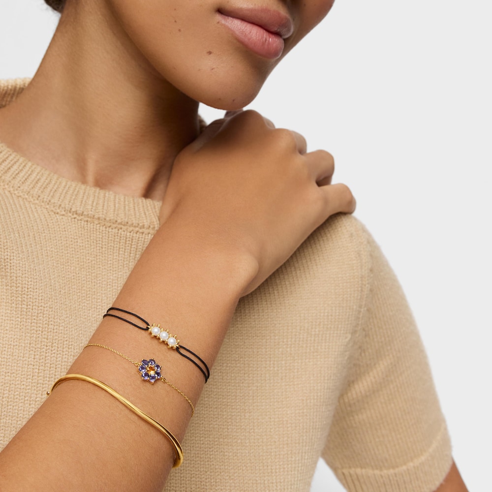 Pulsera de oro, perlas cultivadas y nylon negro Daisy image number 4
