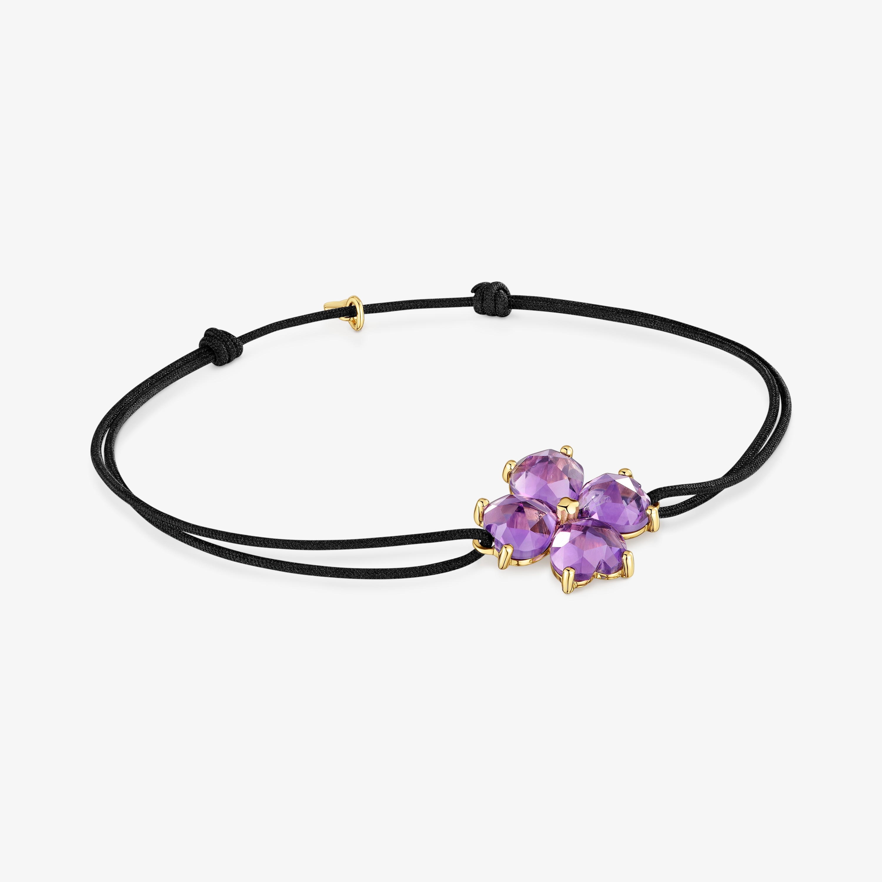 18K solid gold Bracelet with amethyst and black nylon Daisy