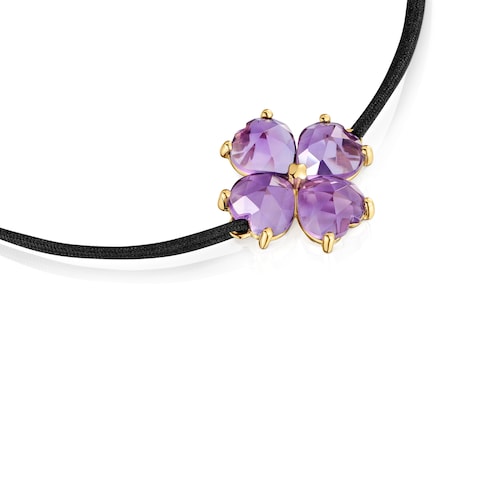 Pulsera de oro, amatista y nylon negro Daisy
