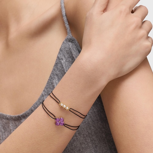Pulsera de oro, amatista y nylon negro Daisy