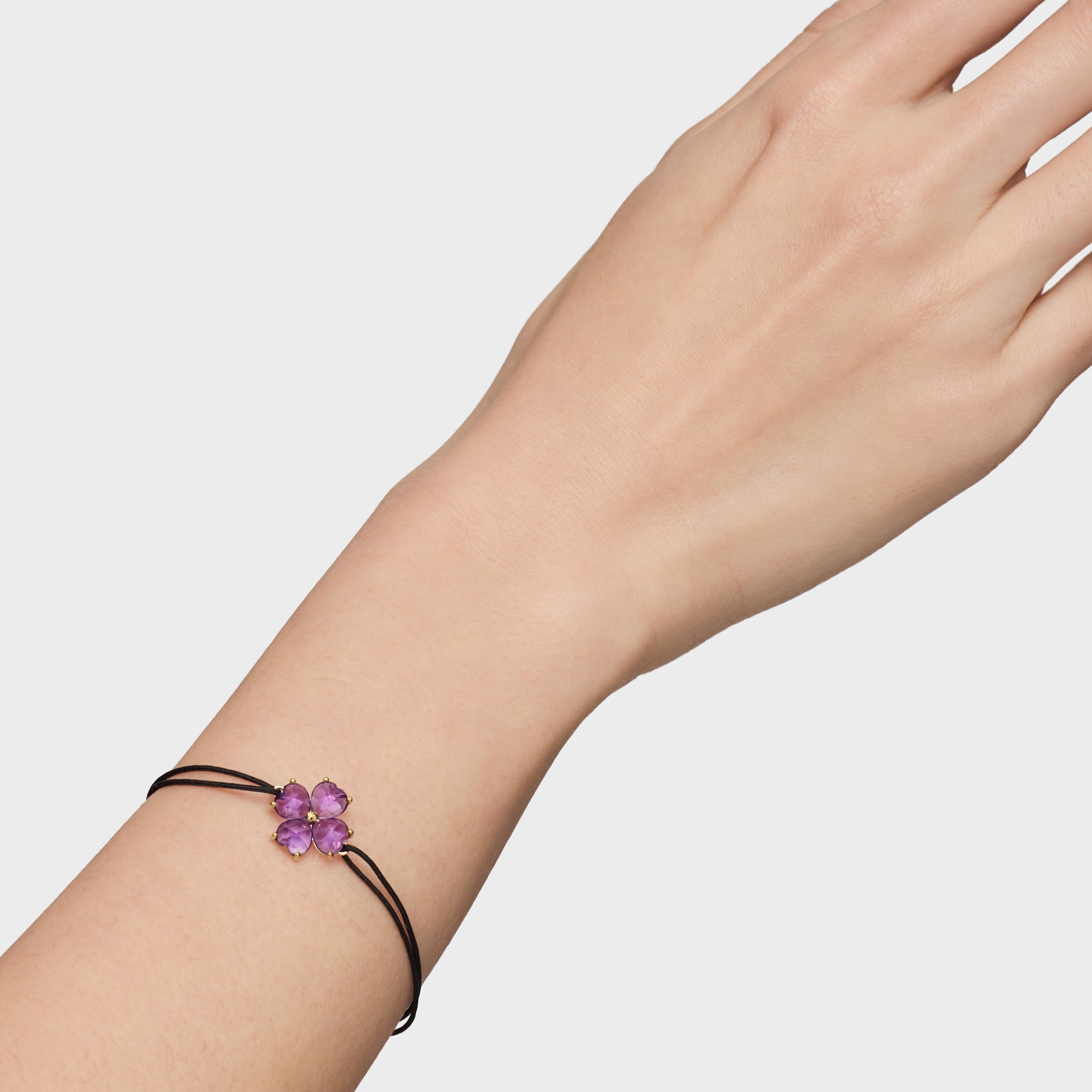 Gold Bracelet with amethyst and black nylon Daisy