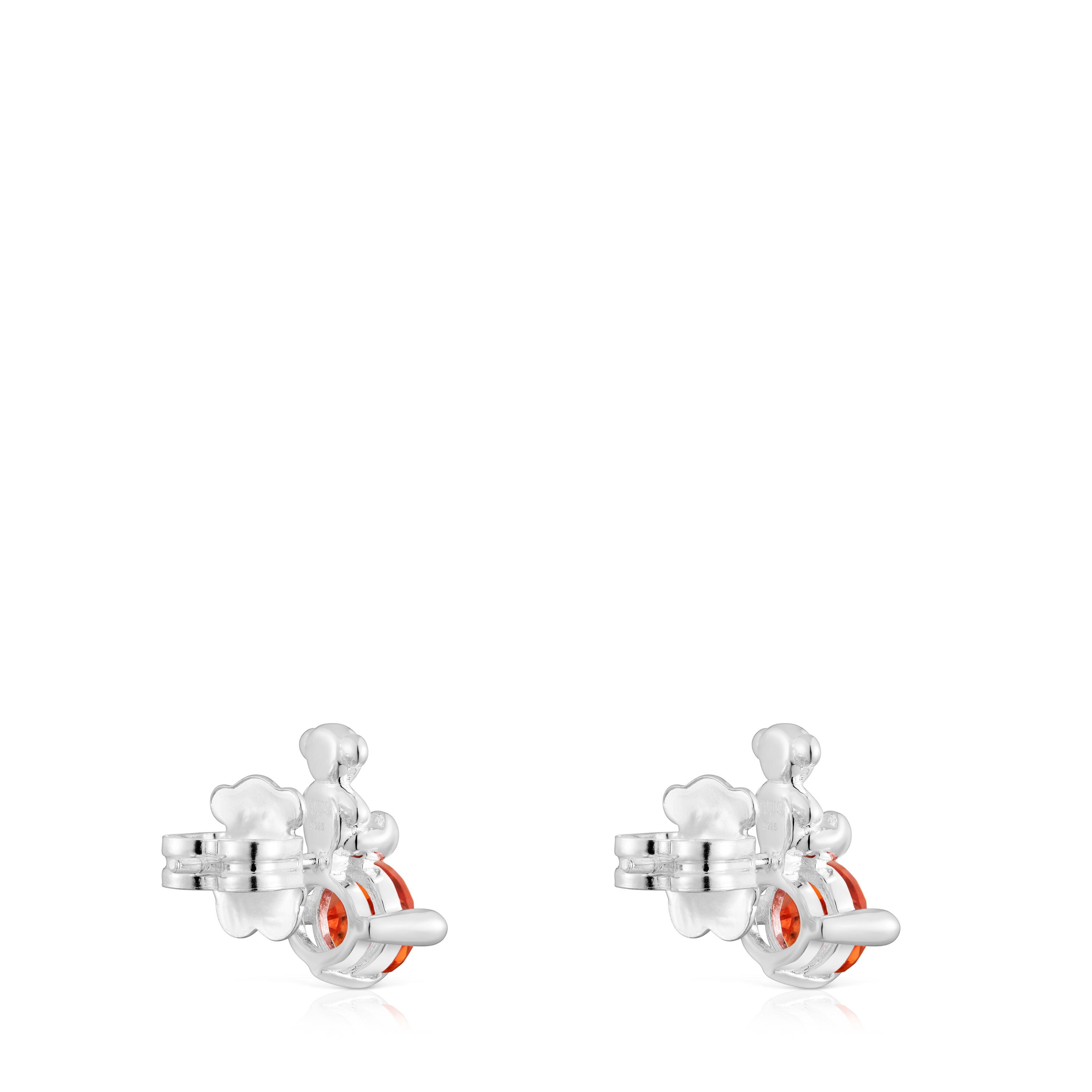 Silver bear motif Earrings with lab-grown orange sapphire Bold Bear LGG