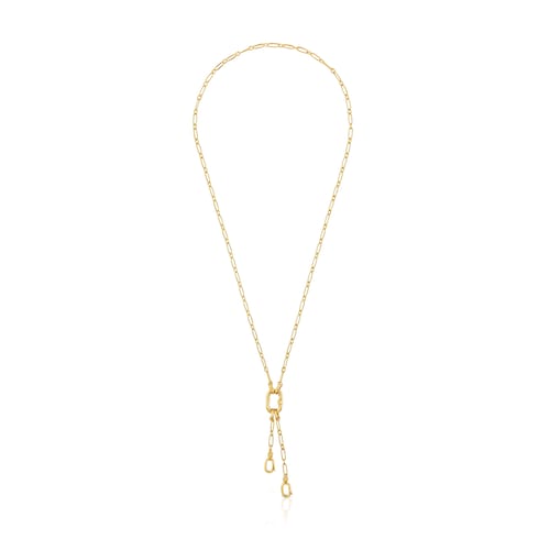 Short 18kt gold plating over silver Necklace with double pendant detail and ring Hold Oval