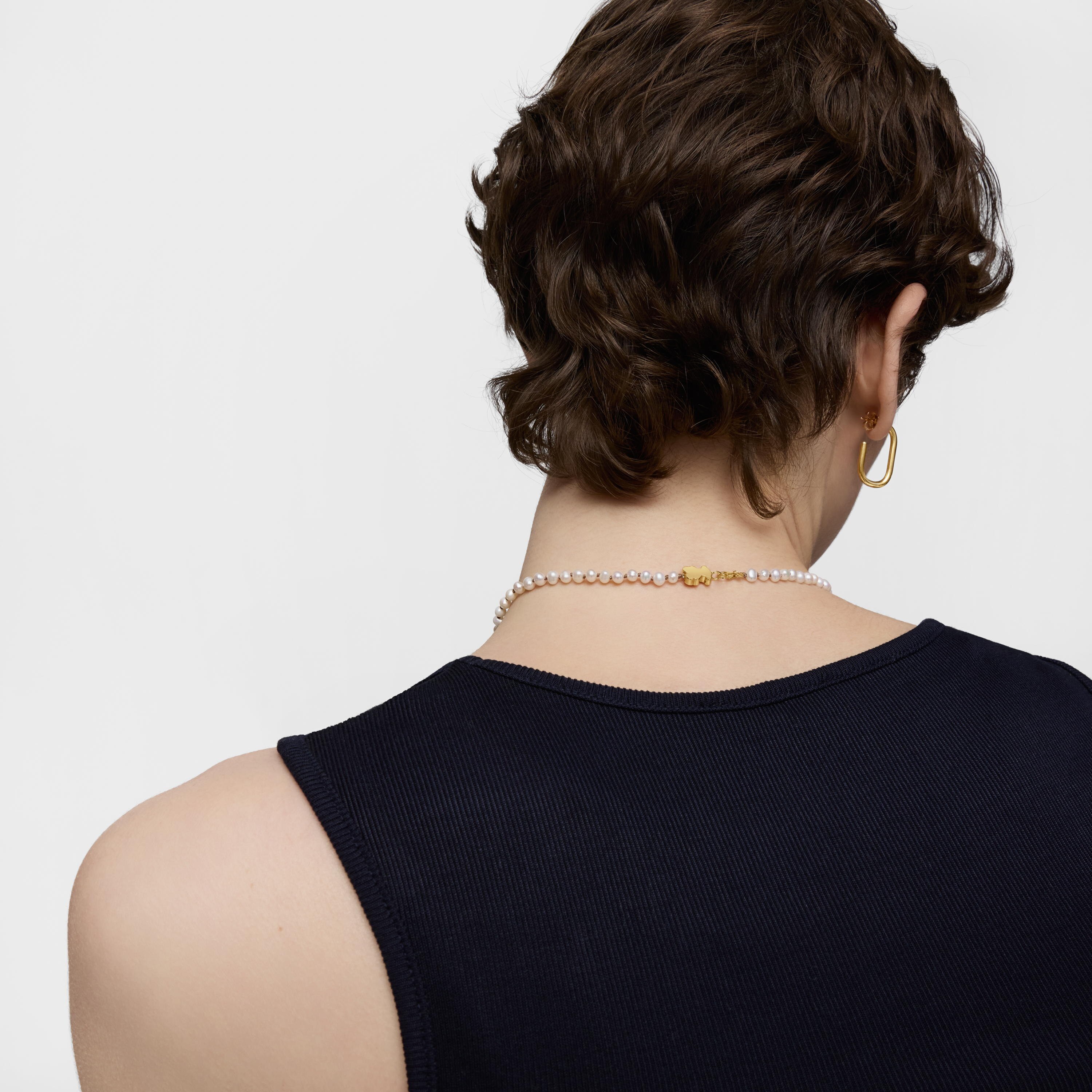 Short 18K solid gold Necklace with cultured pearl and mm bear motif Sweet Dolls