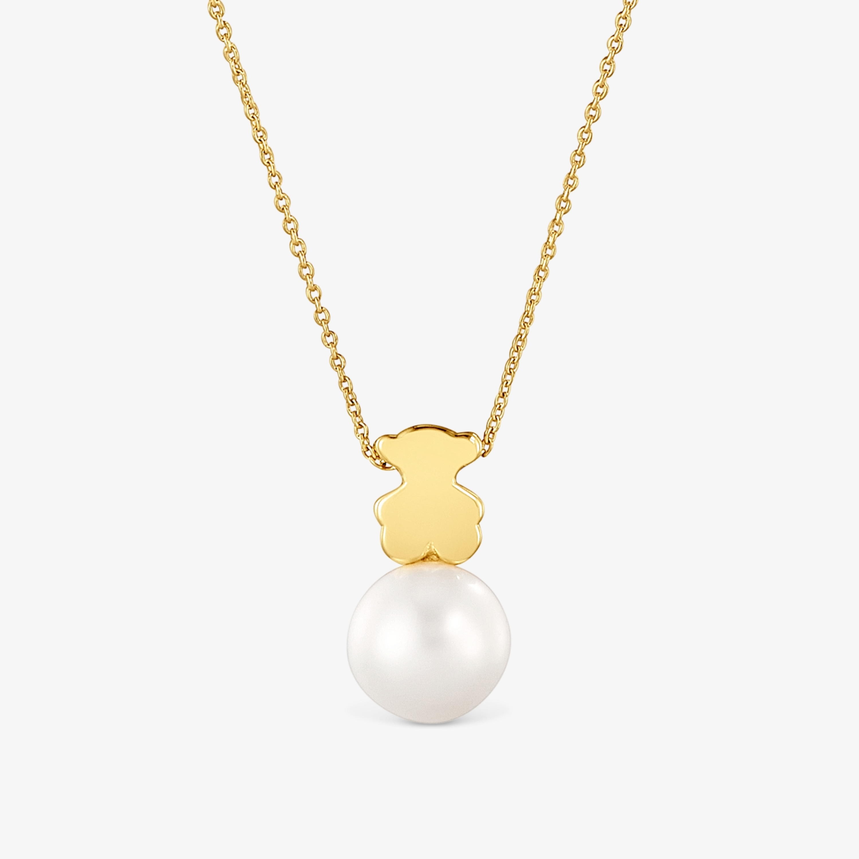 Short 18K solid gold Necklace with cultured pearl and 7 mm bear motif Sweet Dolls