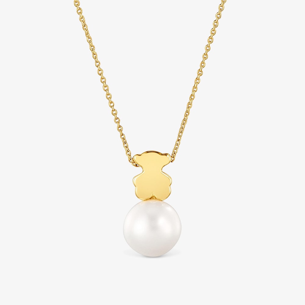 Collier en or avec motif ourson 7&nbsp;mm et perle de culture court Sweet&nbsp;Dolls