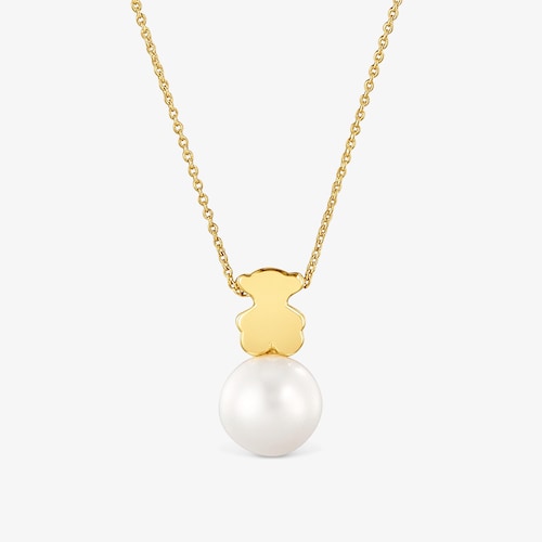 Collar corto de oro 18K con motivo oso 7 mm y perla cultivada Sweet Dolls