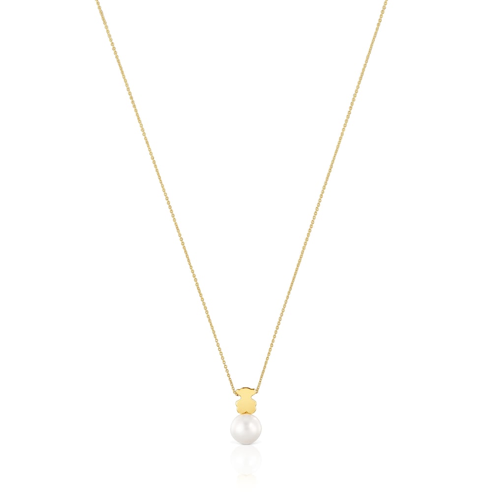 Short gold Necklace with cultured pearl and 7 mm bear motif Sweet Dolls