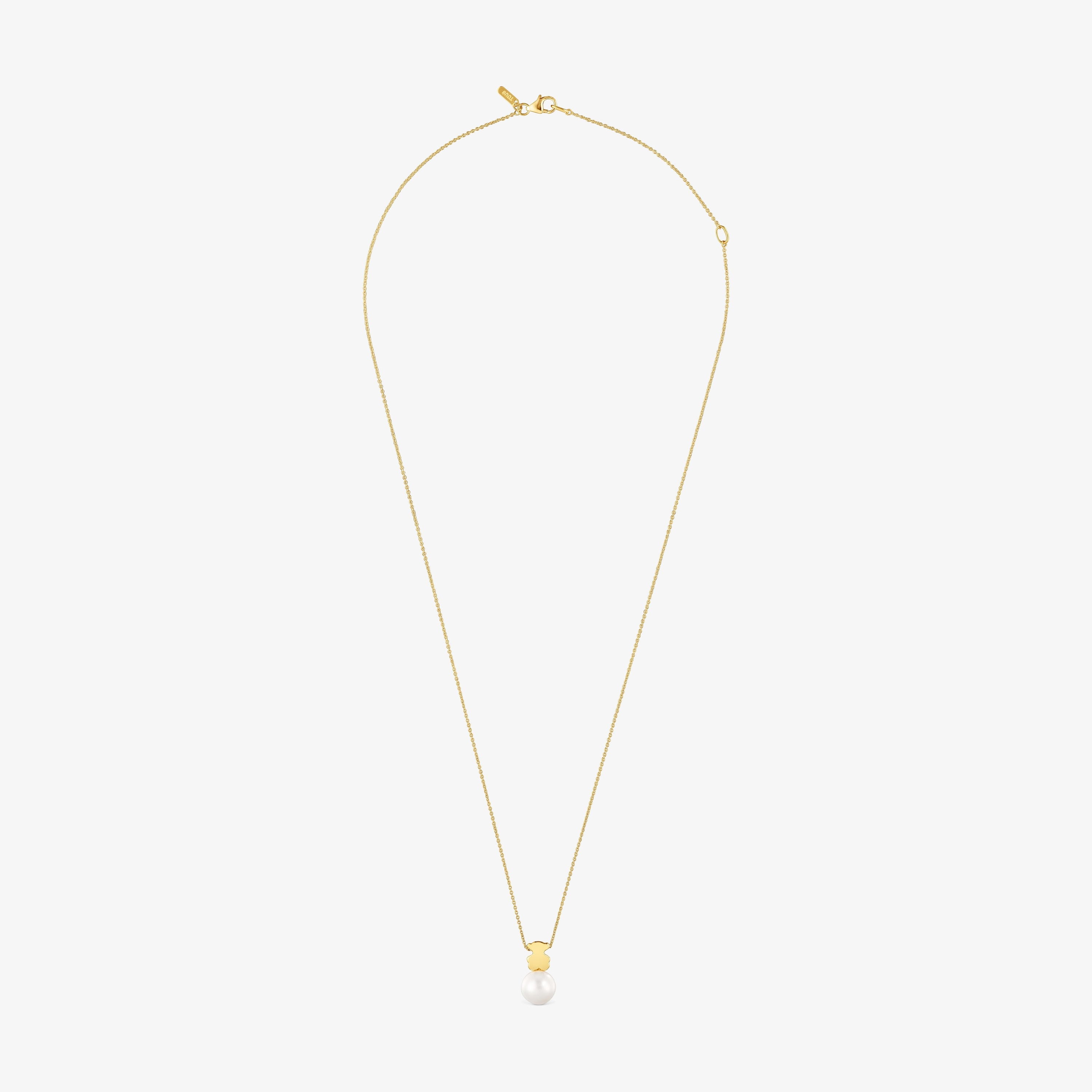 Short 18K solid gold Necklace with cultured pearl and 7 mm bear motif Sweet Dolls