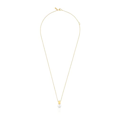 Short gold Necklace with cultured pearl and 7 mm bear motif Sweet Dolls