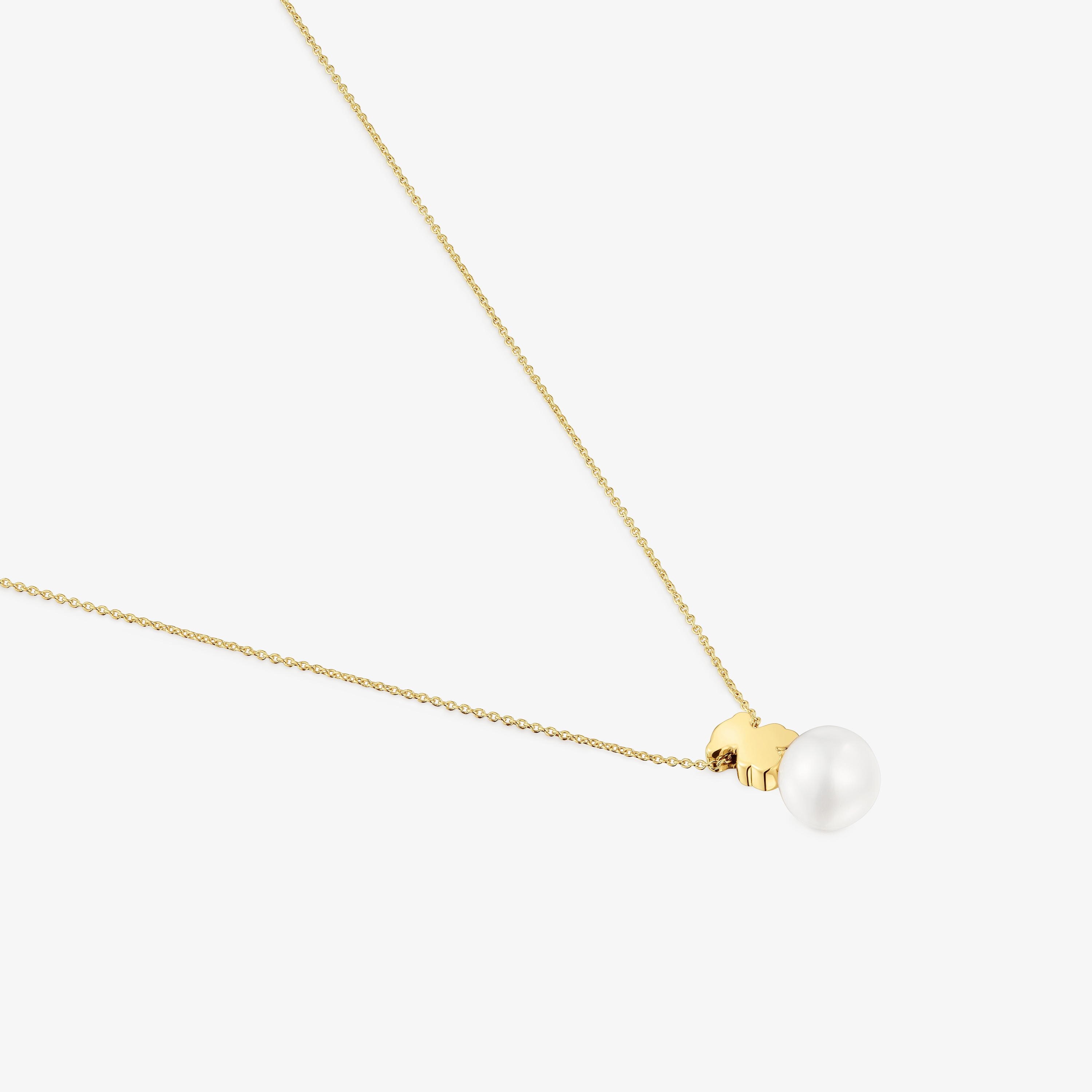 Short 18K solid gold Necklace with cultured pearl and 7 mm bear motif Sweet Dolls