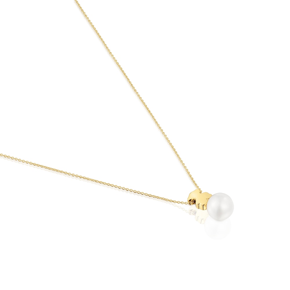 Short gold Necklace with cultured pearl and 7 mm bear motif Sweet Dolls