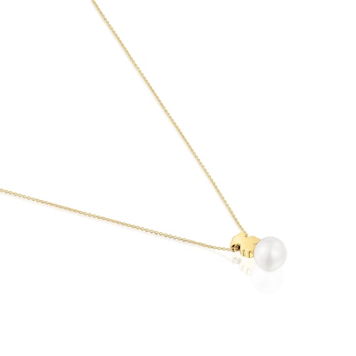 Short gold Necklace with cultured pearl and 7 mm bear motif Sweet Dolls