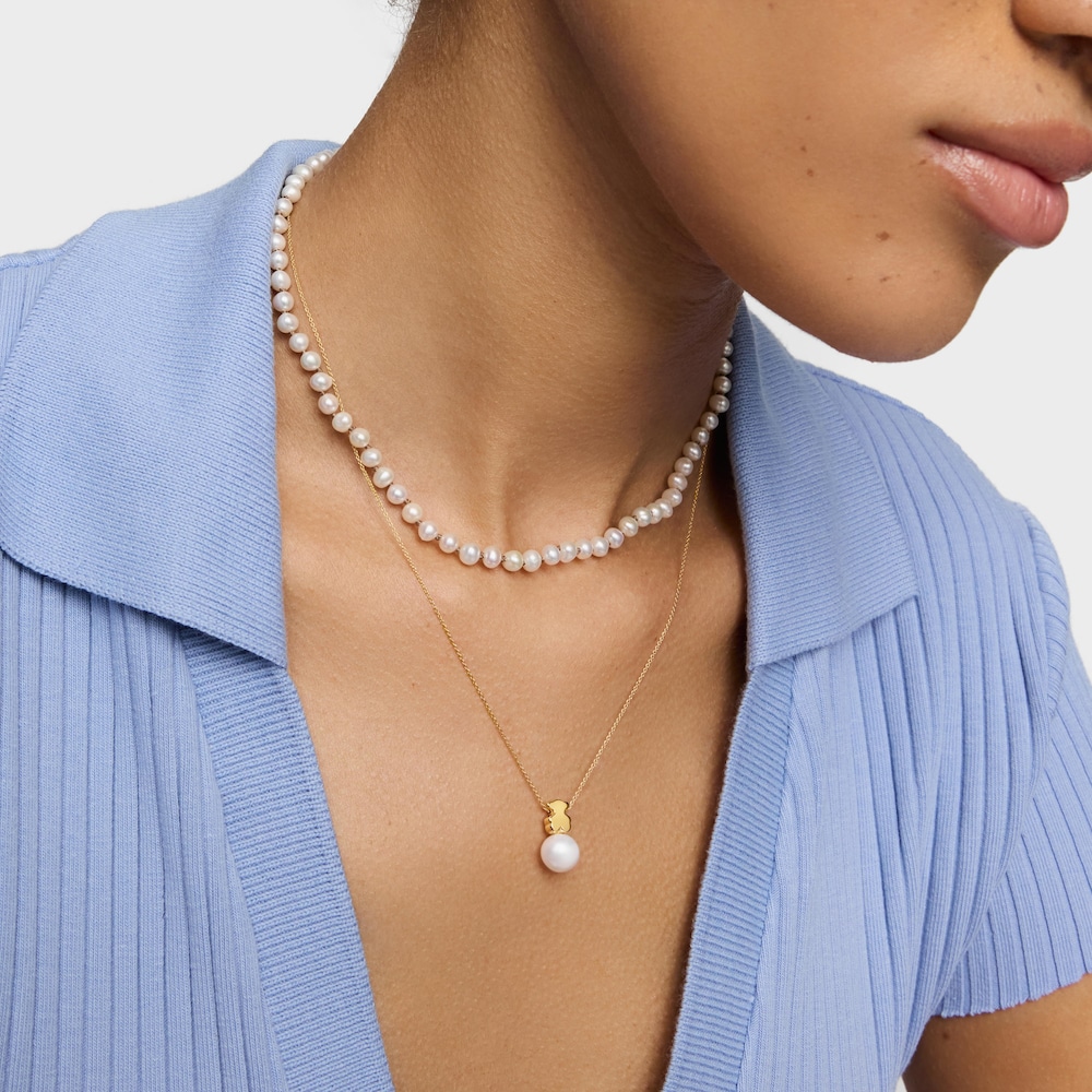 Collier en or avec motif ourson 7&nbsp;mm et perle de culture court Sweet&nbsp;Dolls