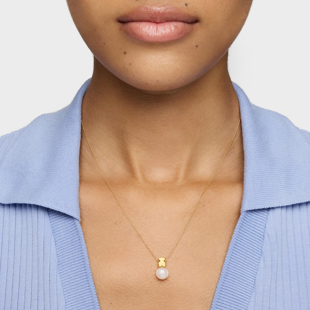 Collier en or avec motif ourson 7&nbsp;mm et perle de culture court Sweet&nbsp;Dolls