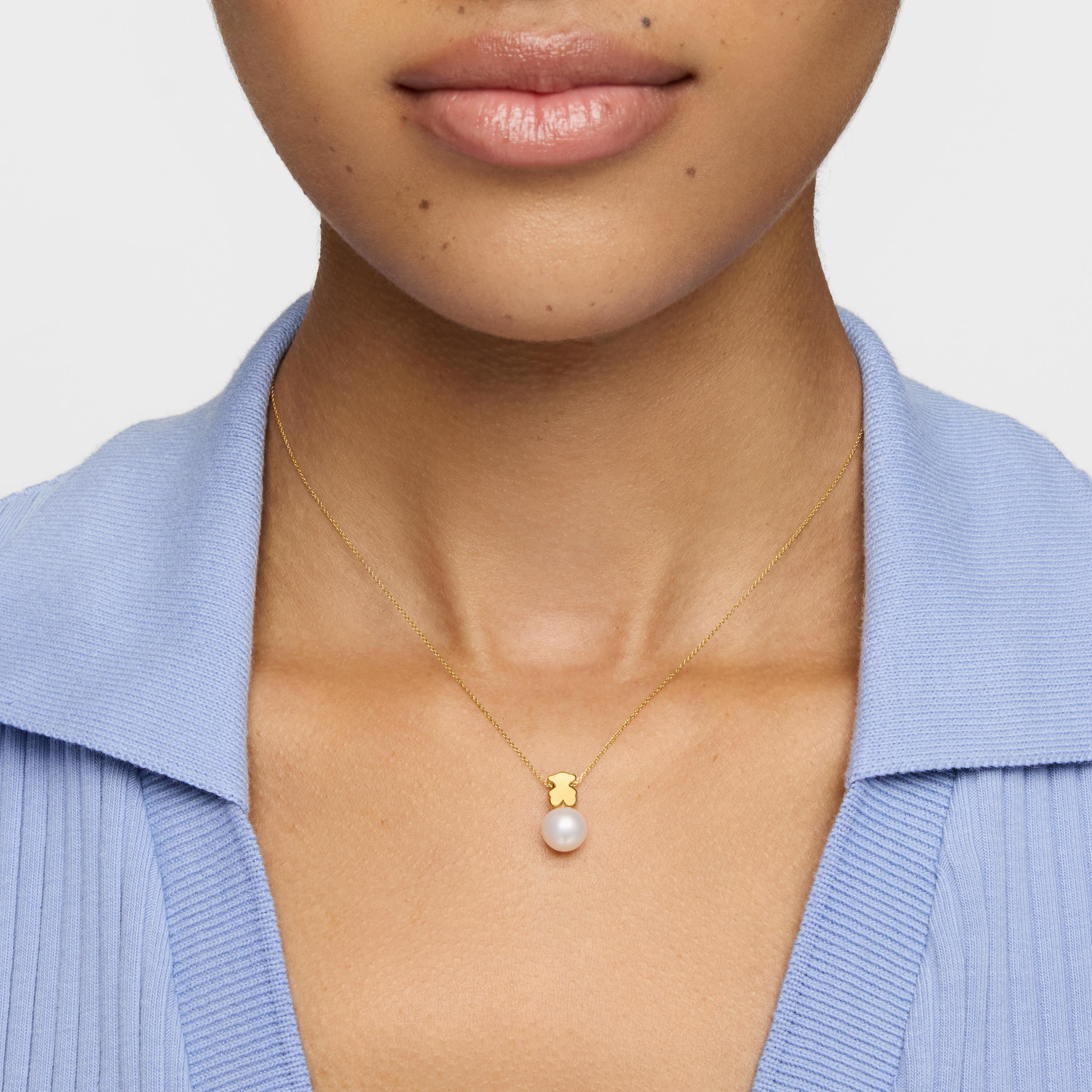 Short 18K solid gold Necklace with cultured pearl and 7 mm bear motif Sweet Dolls
