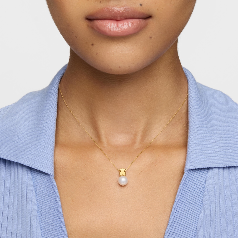 Collier en or avec motif ourson 7&nbsp;mm et perle de culture court Sweet&nbsp;Dolls