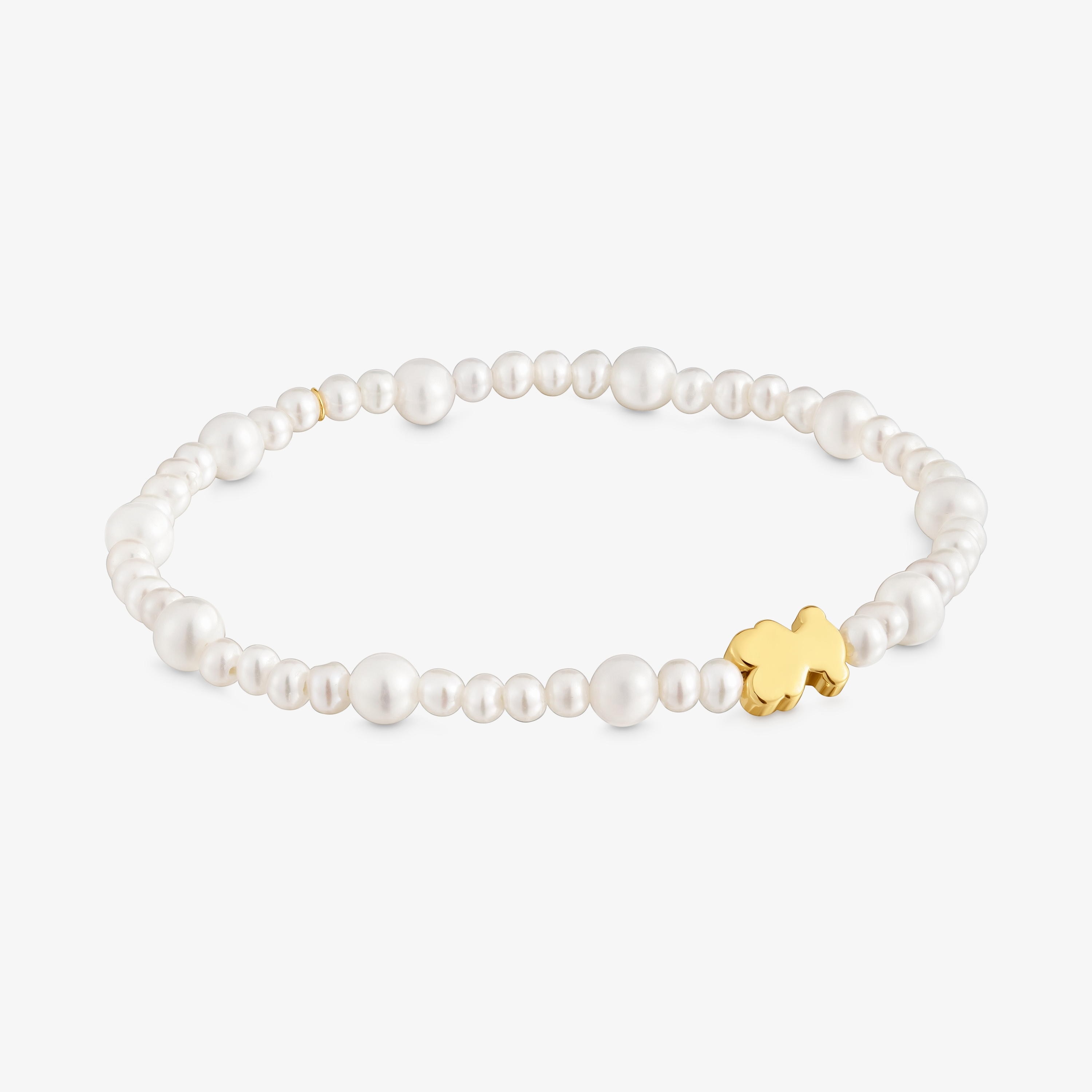 Elastic cultured pearl Bracelet with 18K solid gold bear motif Sweet Dolls