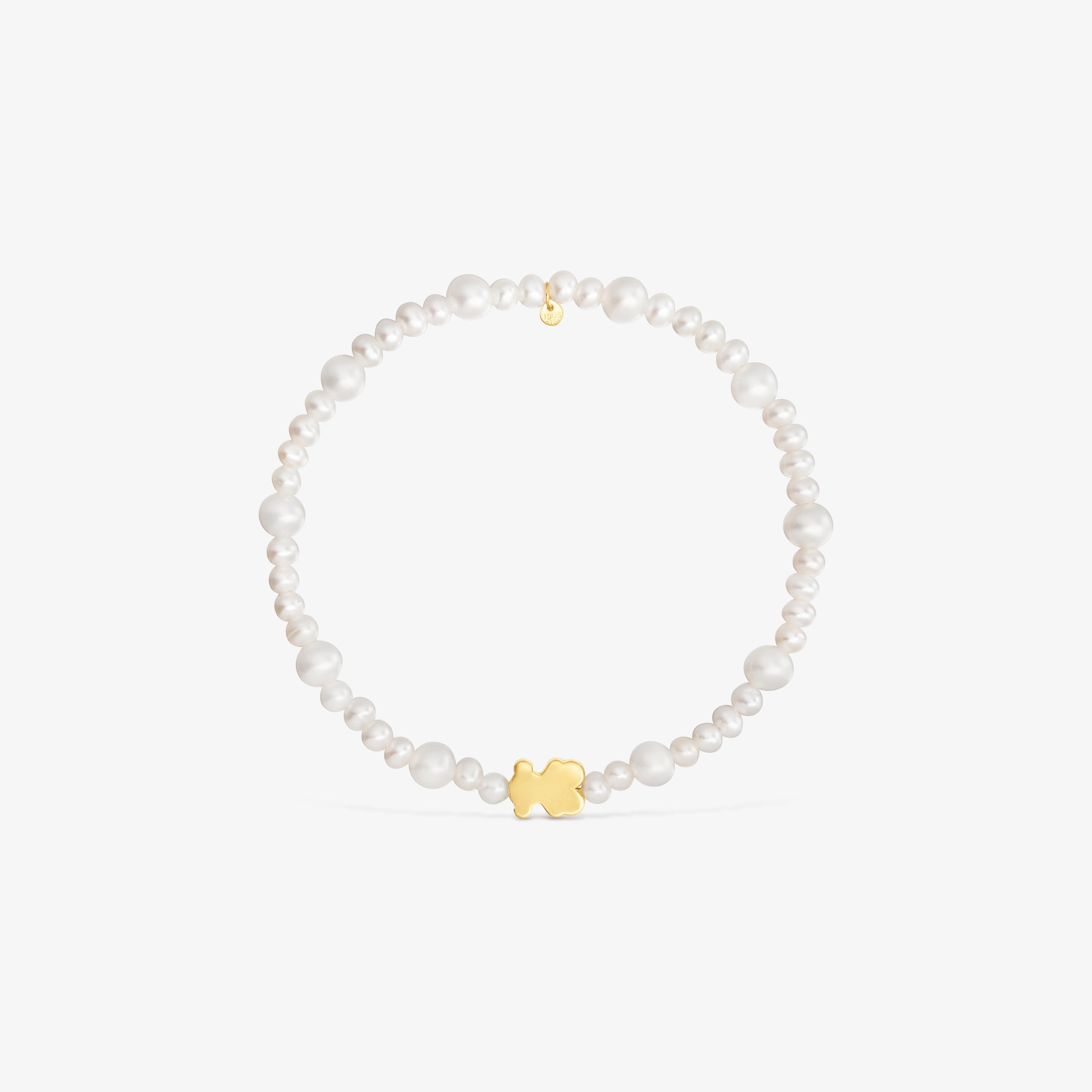 Elastic cultured pearl Bracelet with 18K solid gold bear motif Sweet Dolls