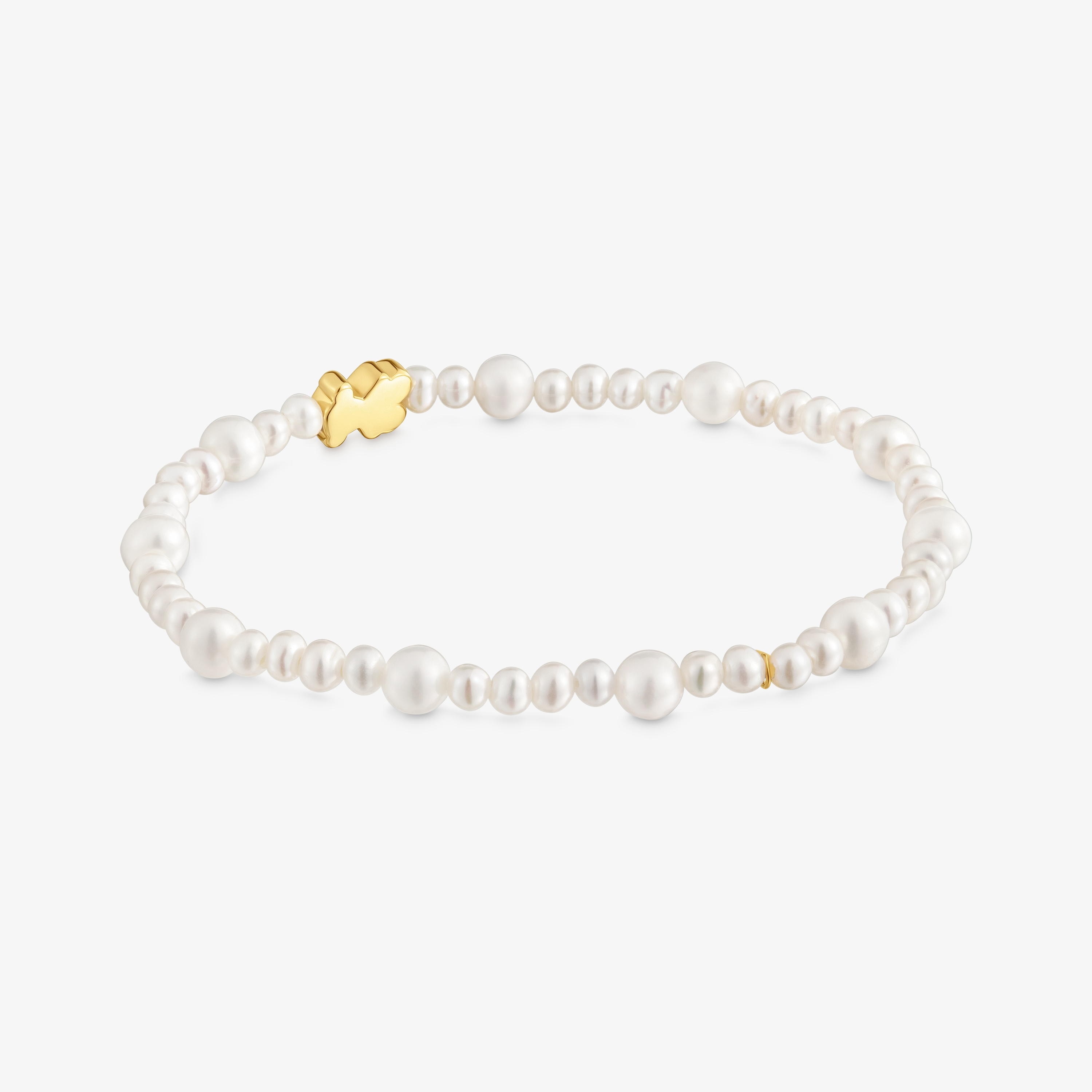 Elastic cultured pearl Bracelet with 18K solid gold bear motif Sweet Dolls