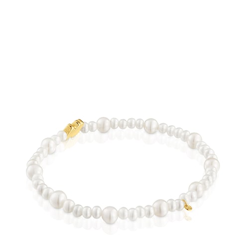 Pulsera elástica de perlas cultivadas y motivo oso de oro Sweet Dolls
