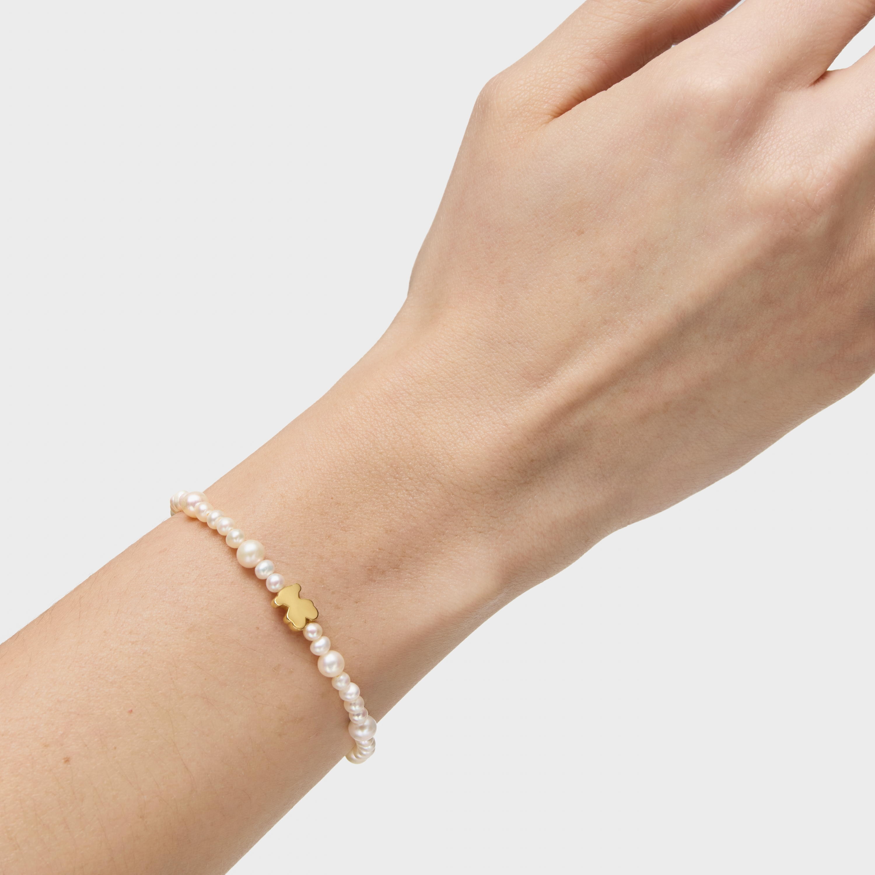Elastic cultured pearl Bracelet with gold bear motif Sweet Dolls