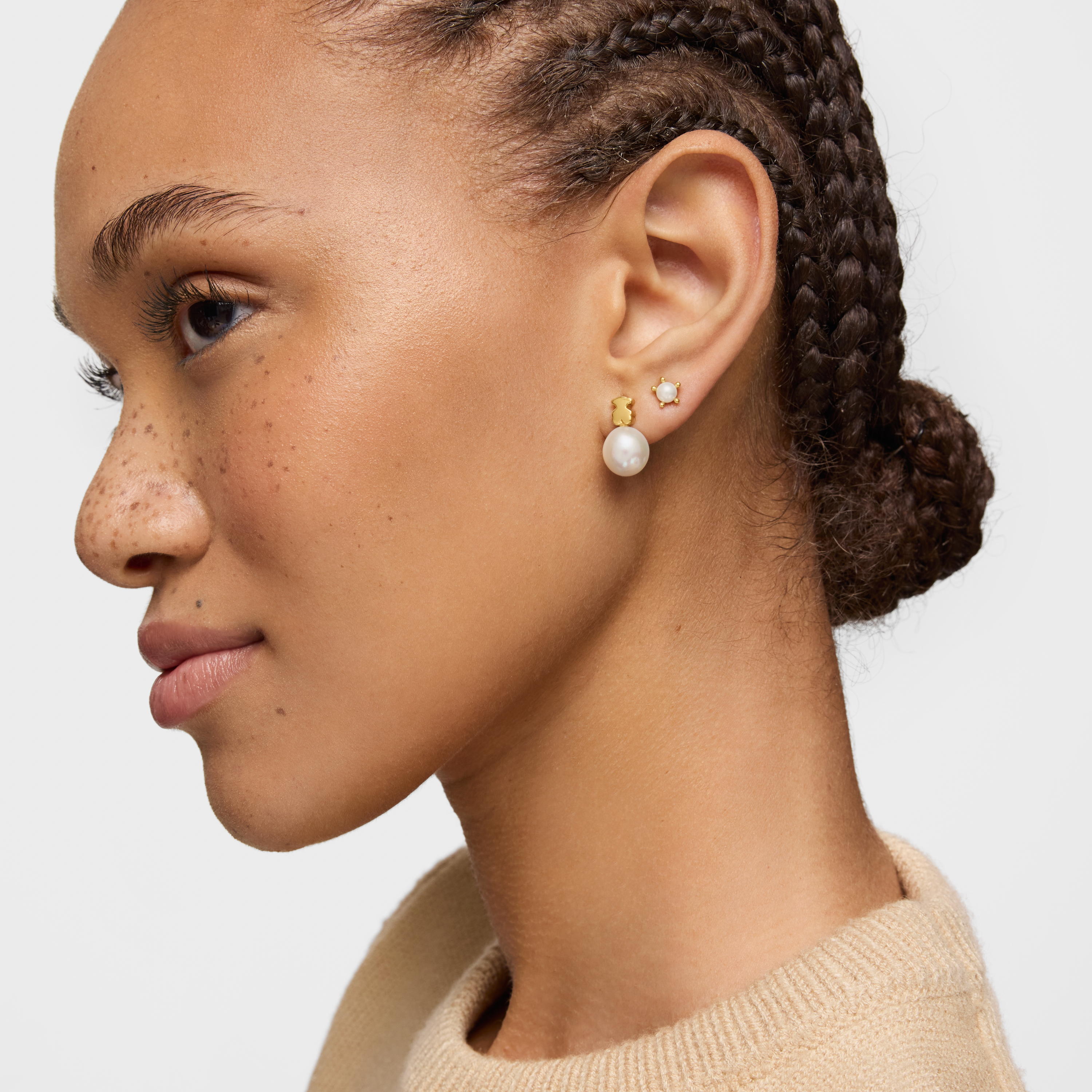 18K solid gold bear-motif Earrings with cultured pearl Sweet Dolls