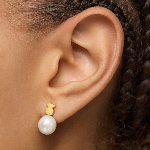 Gold bear-motif Earrings with cultured pearl Sweet Dolls