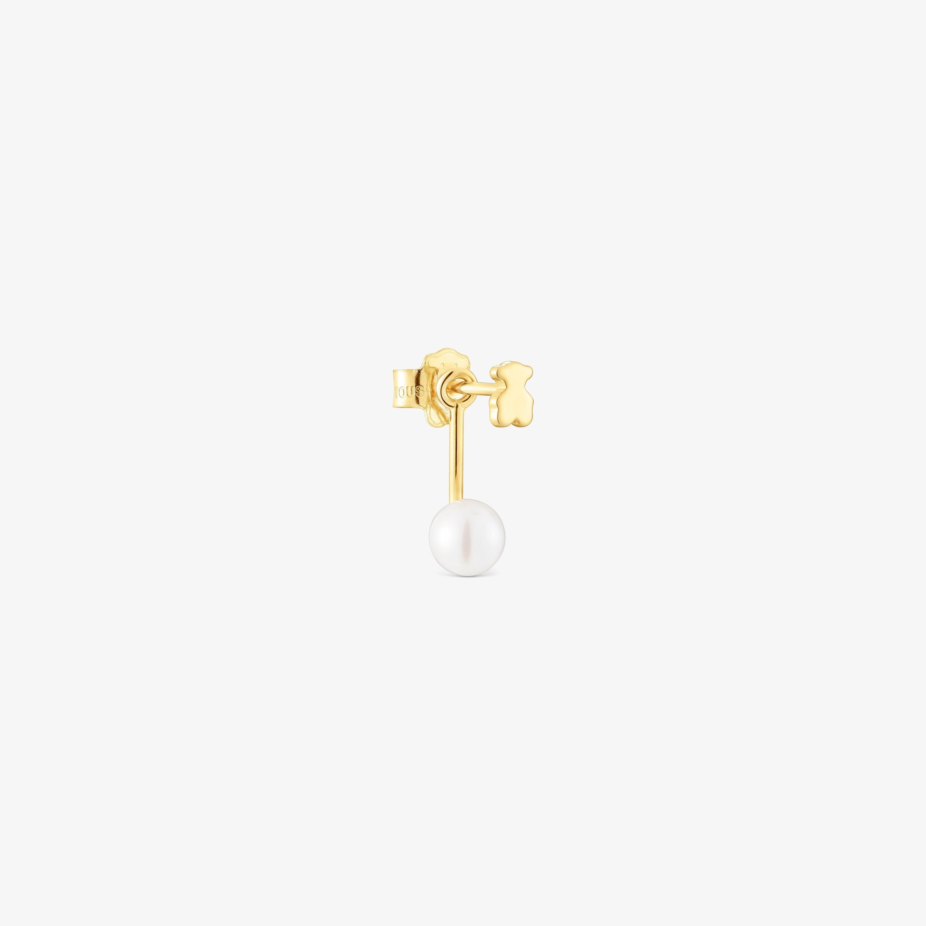 Short single 18K solid gold bear Earring with cultured pearl Sweet Dolls