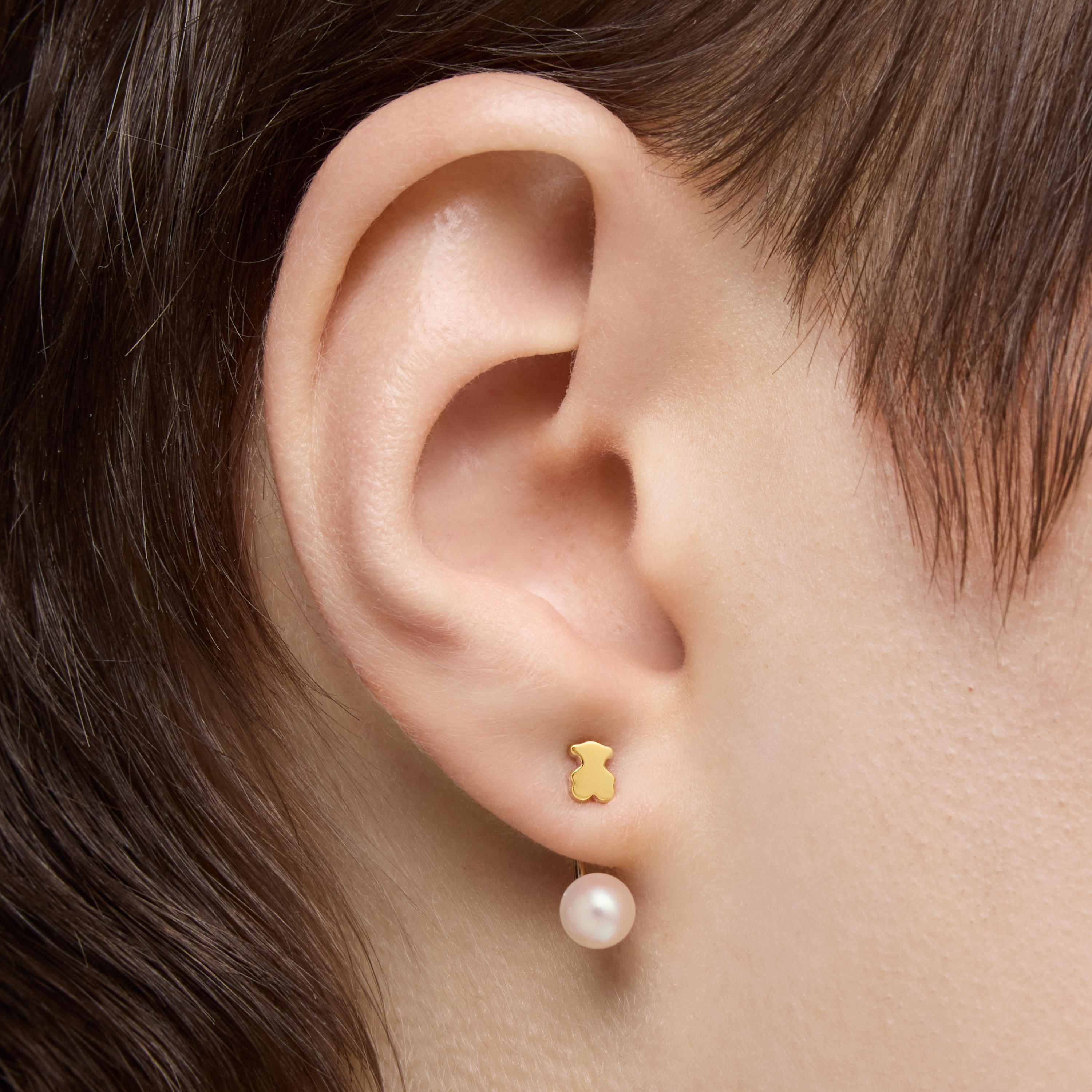 Short single 18K solid gold bear Earring with cultured pearl Sweet Dolls