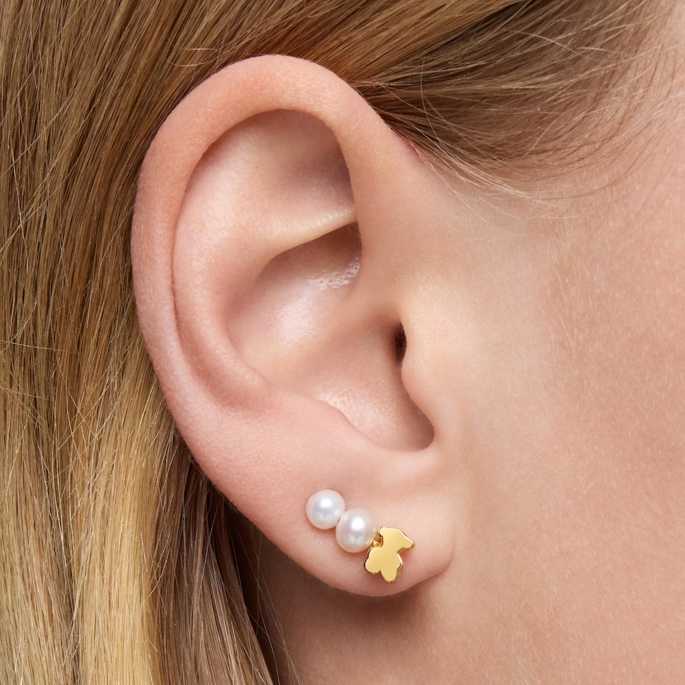 Złoty kolczyk typu climber z perłami hodowlanymi oraz misiem Sweet Dolls