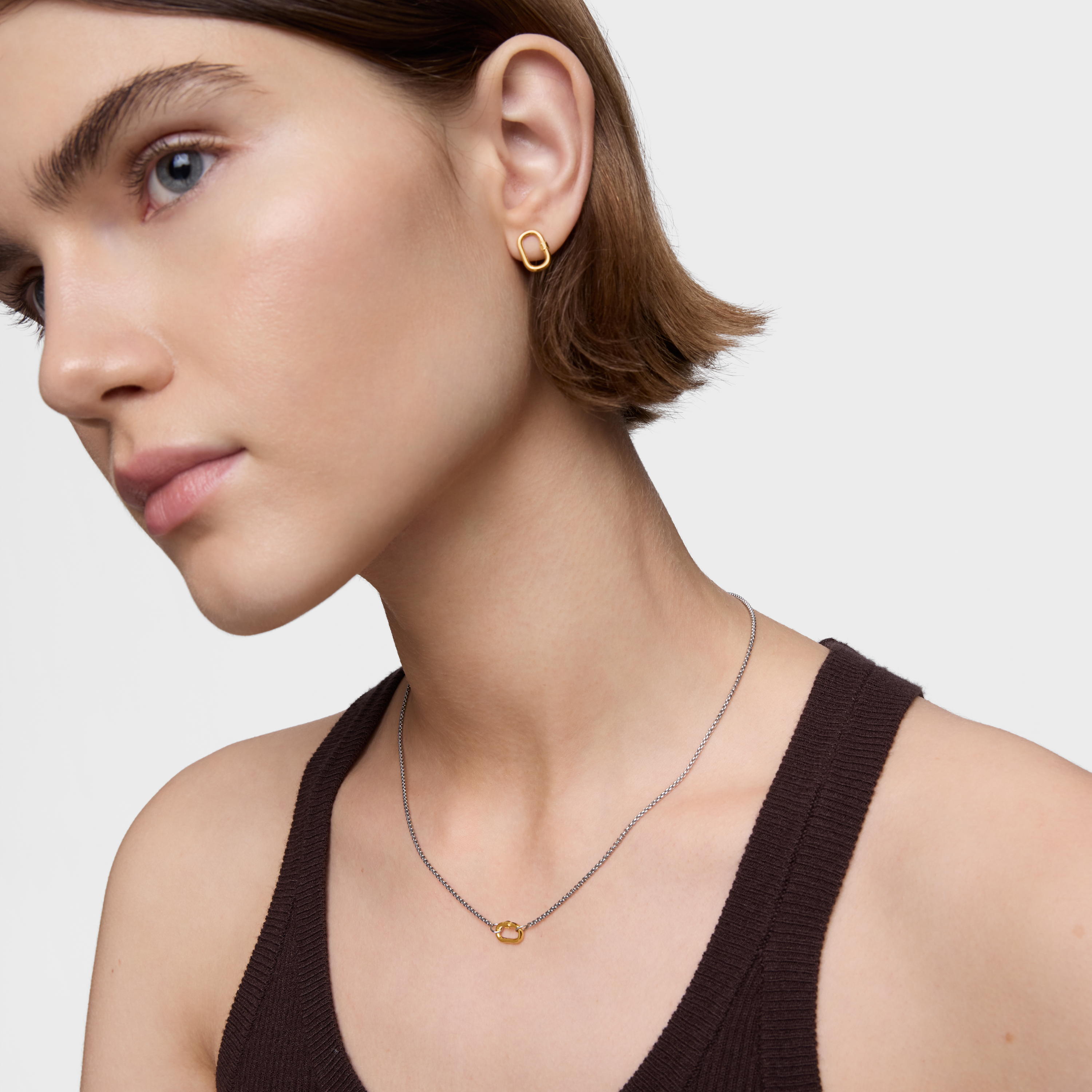 Short steel Necklace with 18K solid gold ring Hold Oval