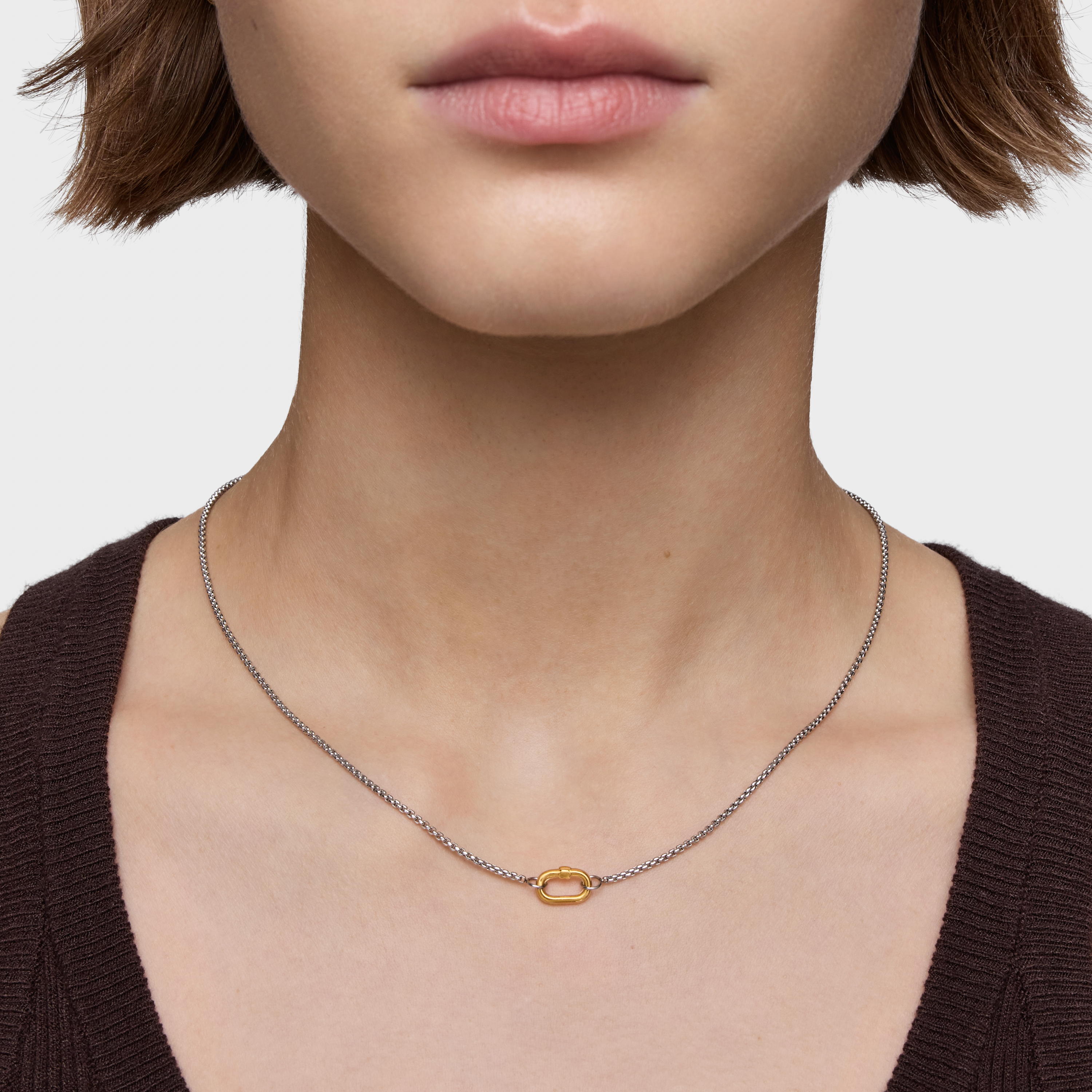 Short steel Necklace with 18K solid gold ring Hold Oval