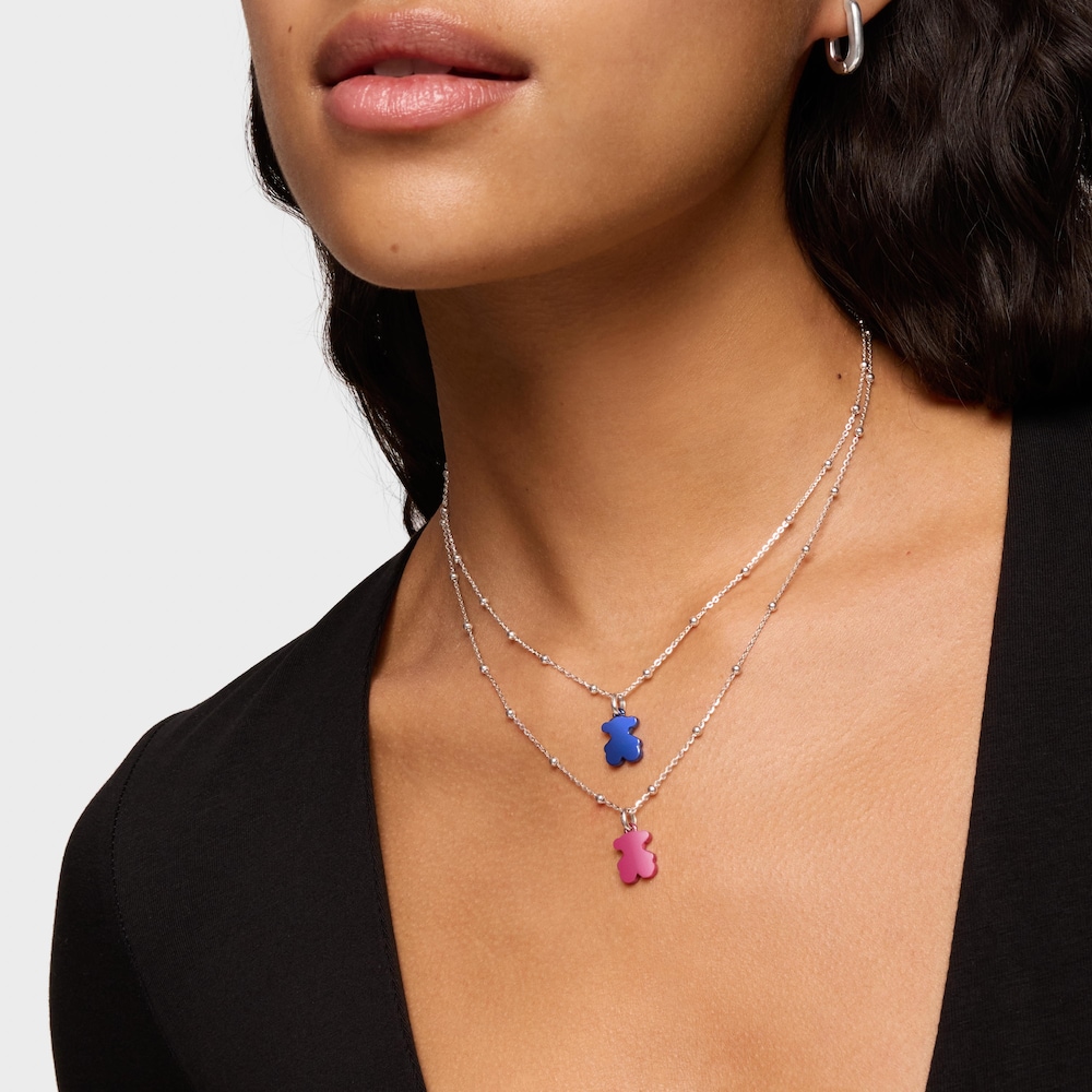 Pack gargantilla de plata y colgante oso de acero en color azul 12 mm Sweet Dolls