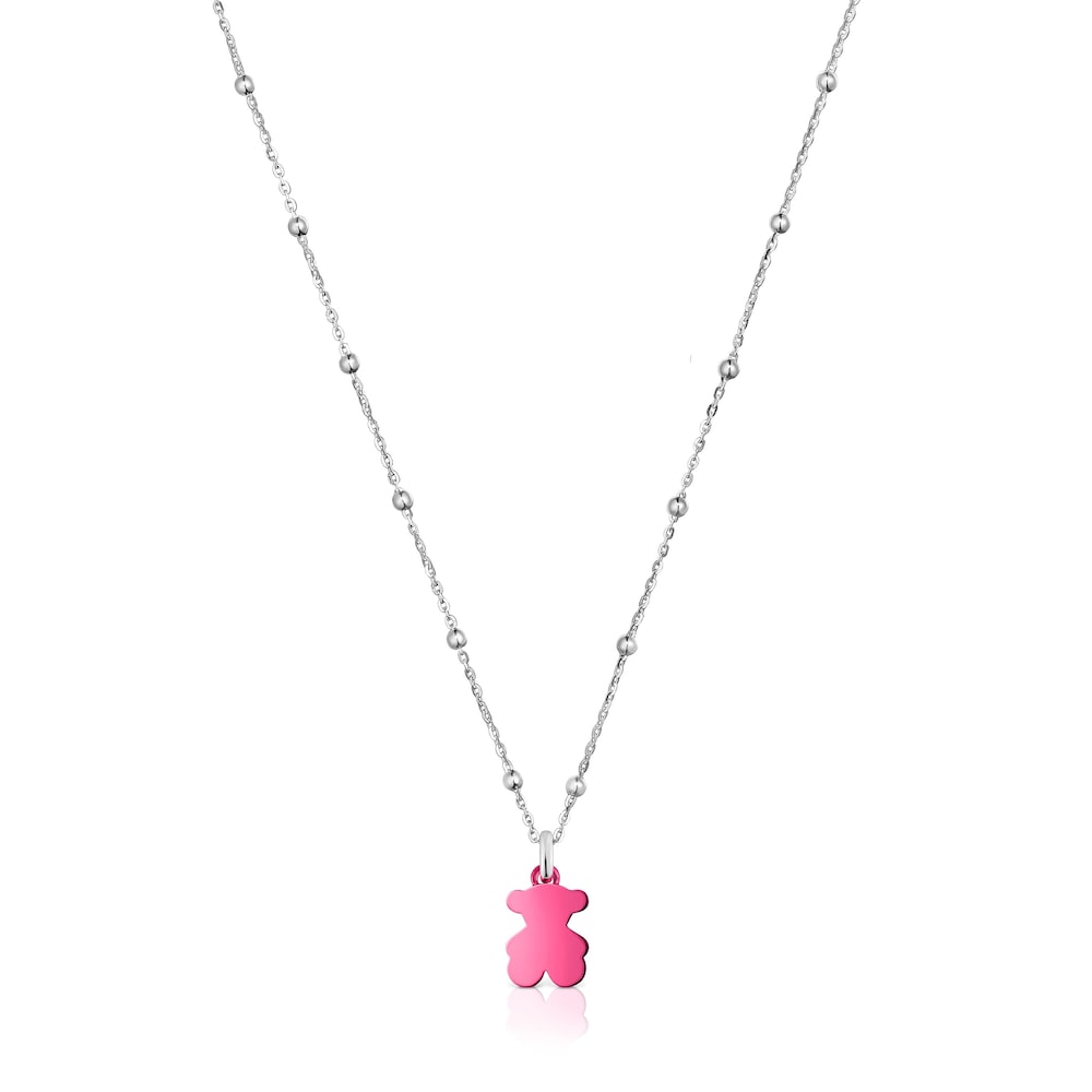 Pack gargantilla de plata y colgante oso de acero en color rosa 12 mm Sweet Dolls image number 0