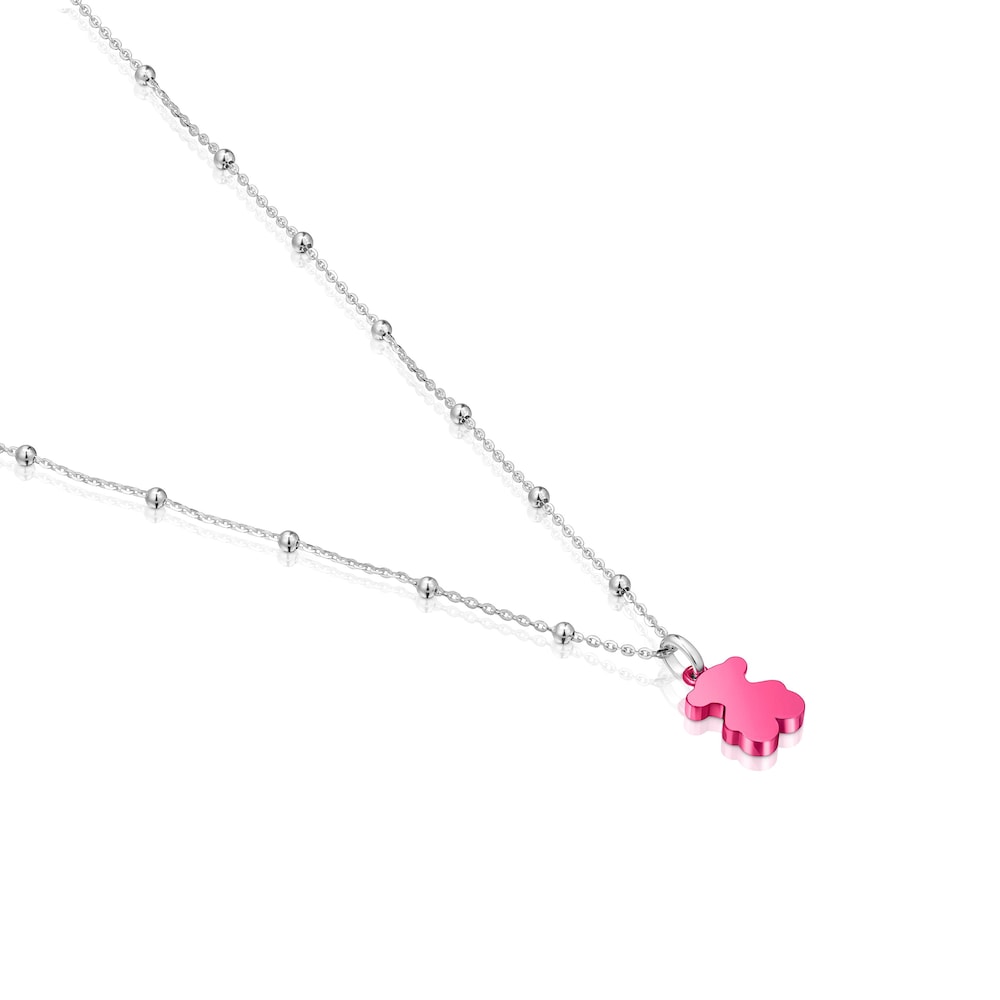 Pack gargantilla de plata y colgante oso de acero en color rosa 12 mm Sweet Dolls image number 2