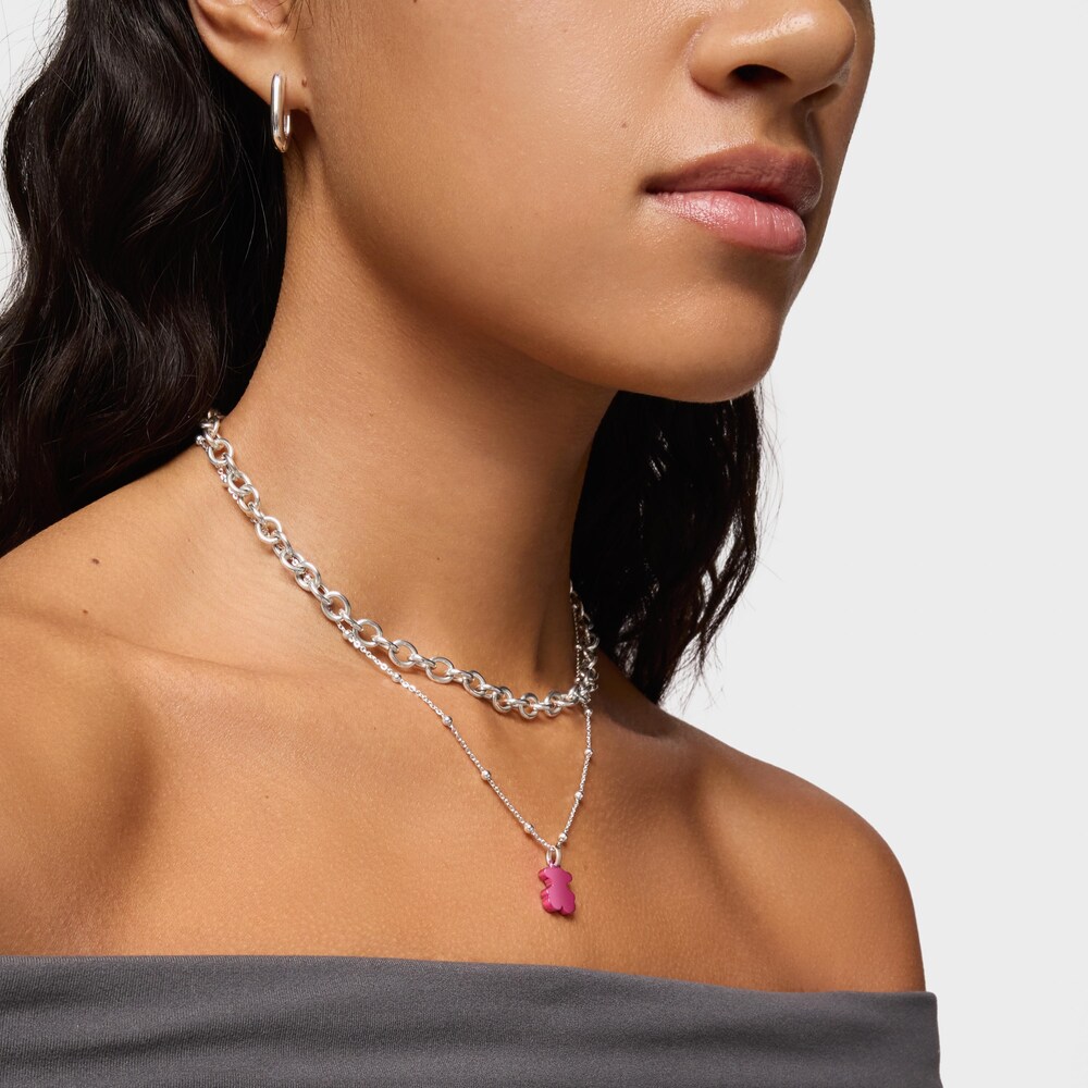 Pack gargantilla de plata y colgante oso de acero en color rosa 12 mm Sweet Dolls