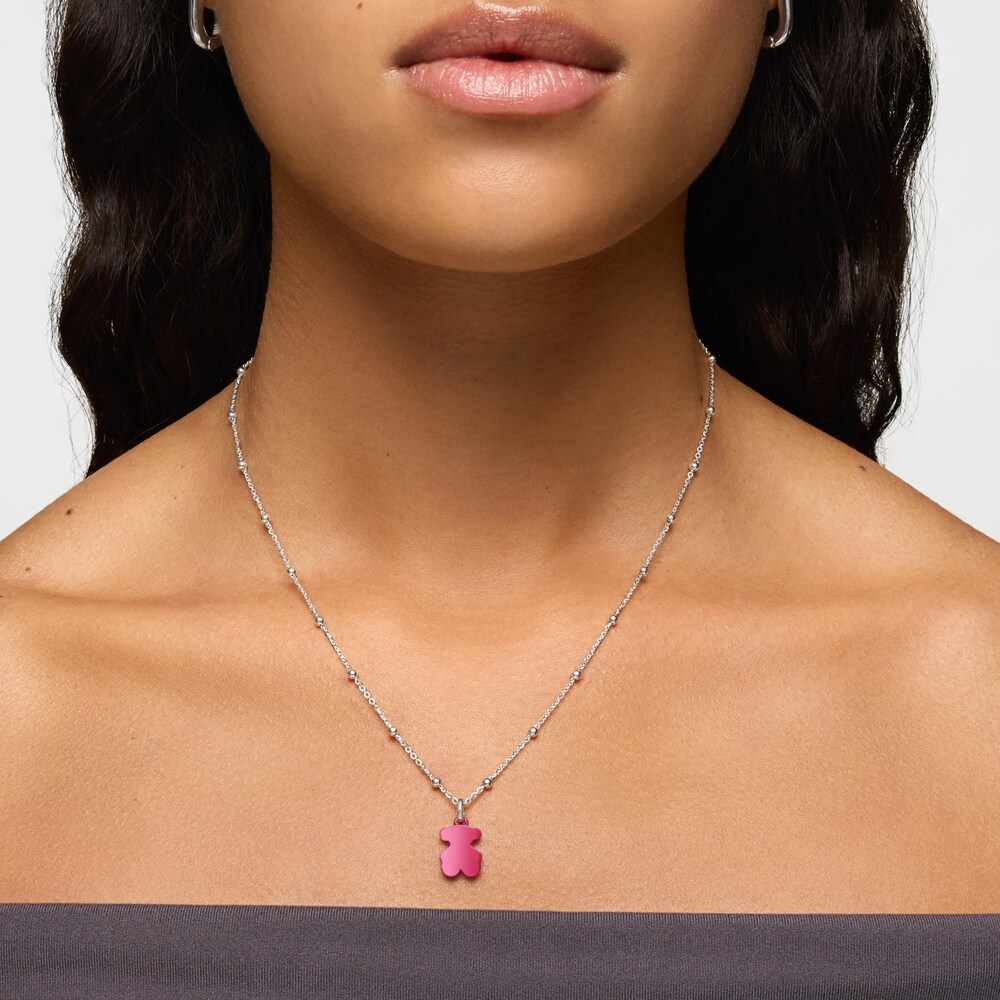 Pack gargantilla de plata y colgante oso de acero en color rosa 12 mm Sweet Dolls
