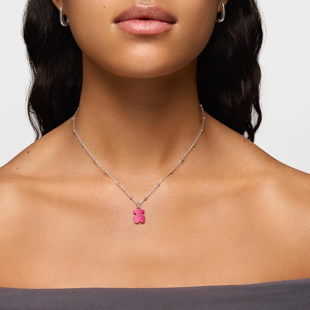 Pack gargantilla de plata y colgante oso de acero en color rosa 12 mm Sweet Dolls
