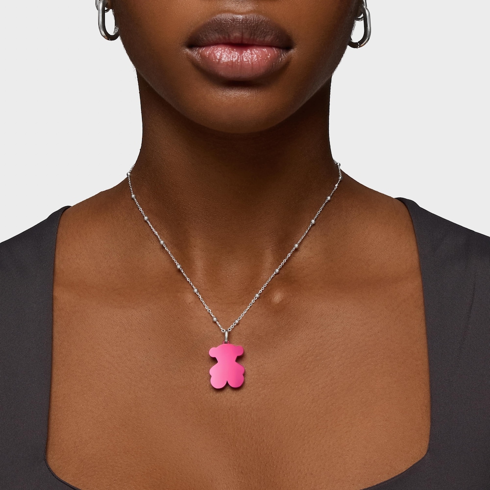 Pack gargantilla de plata y colgante oso de acero en color rosa 22 mm Sweet Dolls