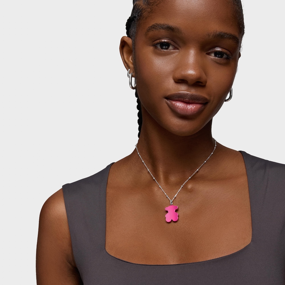 Pack gargantilla de plata y colgante oso de acero en color rosa 22 mm Sweet Dolls