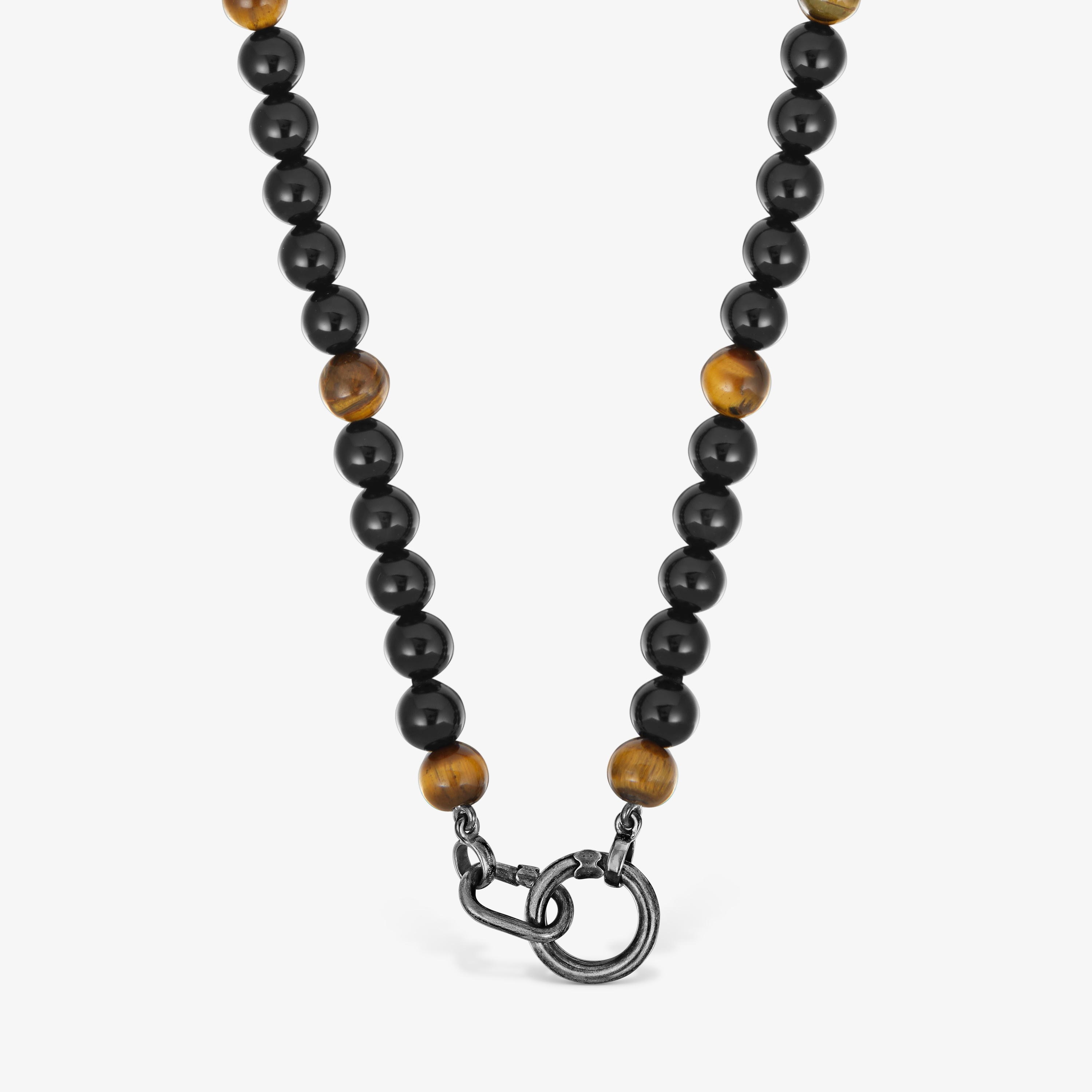 Aged Silver necklace with onyx, tiger’s eye, and Hold Man rings