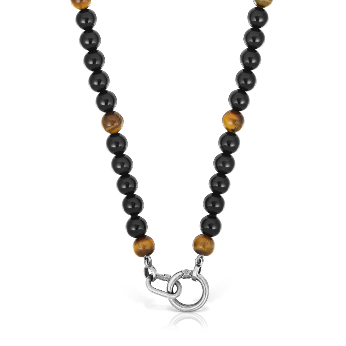 Silver necklace with onyx, tiger’s eye, and Hold Man rings