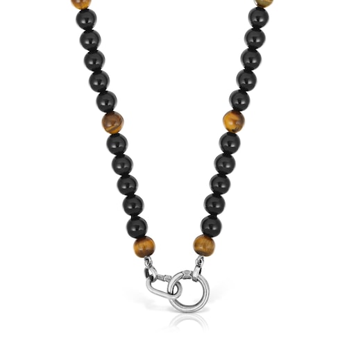 Silver necklace with onyx, tiger’s eye, and Hold Man rings