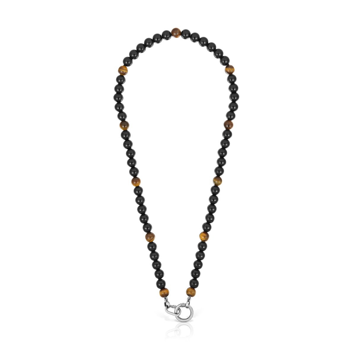 Silver necklace with onyx, tiger’s eye, and Hold Man rings