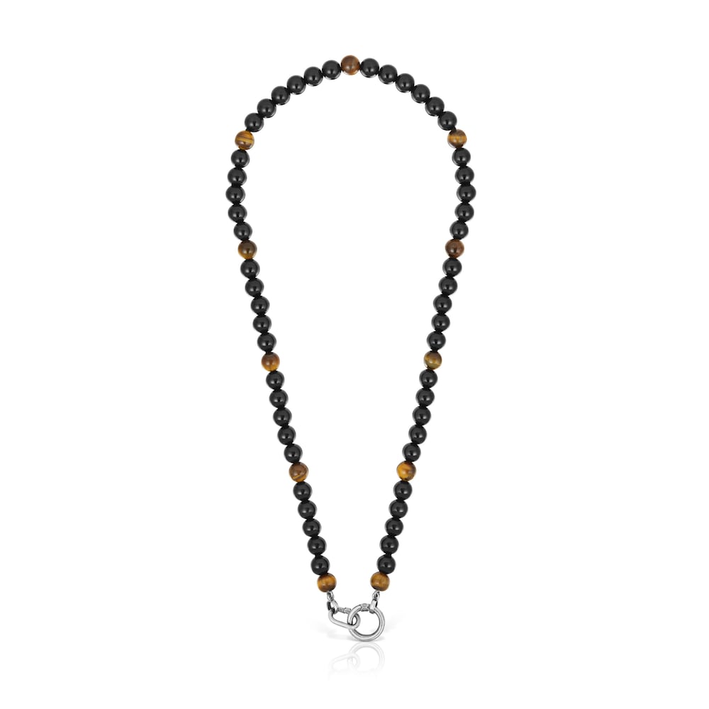 Silver necklace with onyx, tiger’s eye, and Hold Man rings