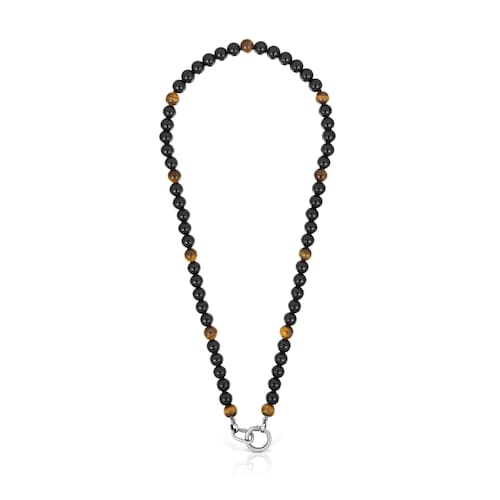 Silver necklace with onyx, tiger’s eye, and Hold Man rings