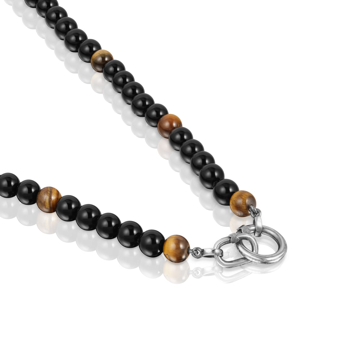 Silver necklace with onyx, tiger’s eye, and Hold Man rings