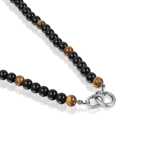 Silver necklace with onyx, tiger’s eye, and Hold Man rings
