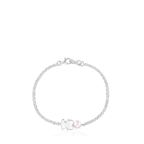 Silver Chain bracelet, bear charm and cultured pearl Sweet Dolls